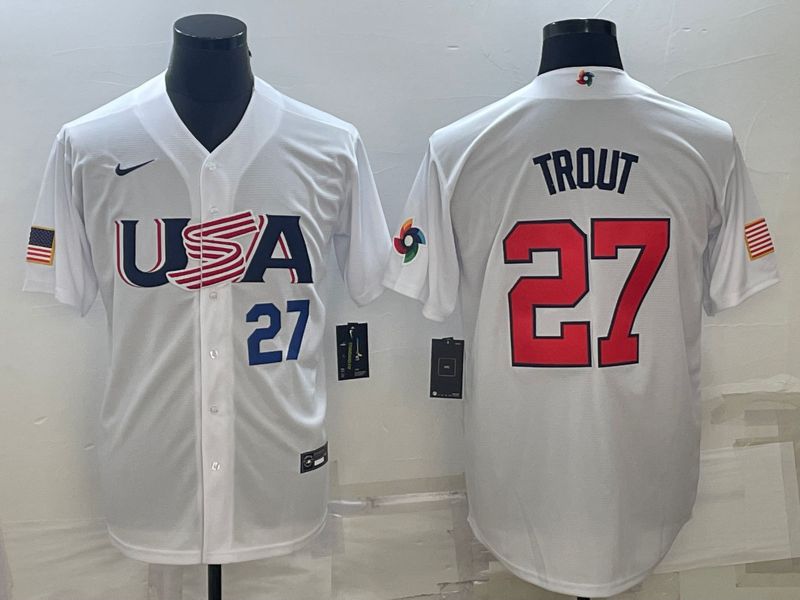 Men 2023 World Cub USA #27 Trout White Nike MLB Jersey